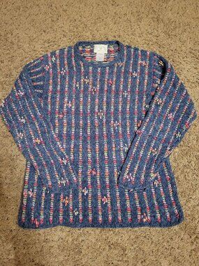 90s Susan Bristol Blue Floral Hand Knit Sweater Medium Grandma Cottagecore